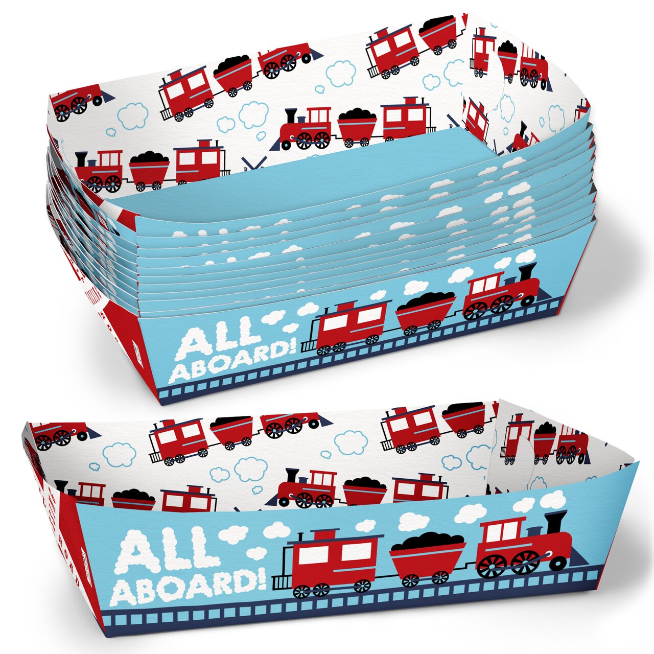 Big Dot of Happiness Train Party Paper Food Trays, Disposable Food Boats for Railroad Crossing Birthday, Double-Sided Paper Meal Holders - 12 Ct